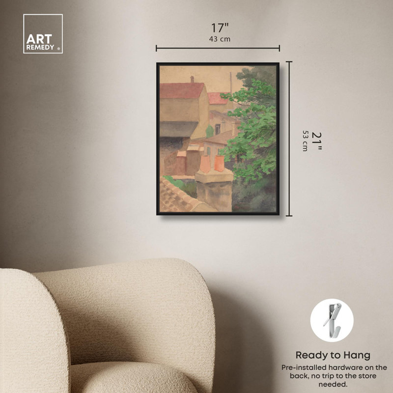 Toile sur le toit, impressionisme par , H 21 po x l 17 po, Cadre flottant noir