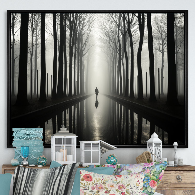 «Black and White Forest Silence», art mural encadré «Forest», Cadre flottant noir, H 16 po x l 32 po x P 1 po