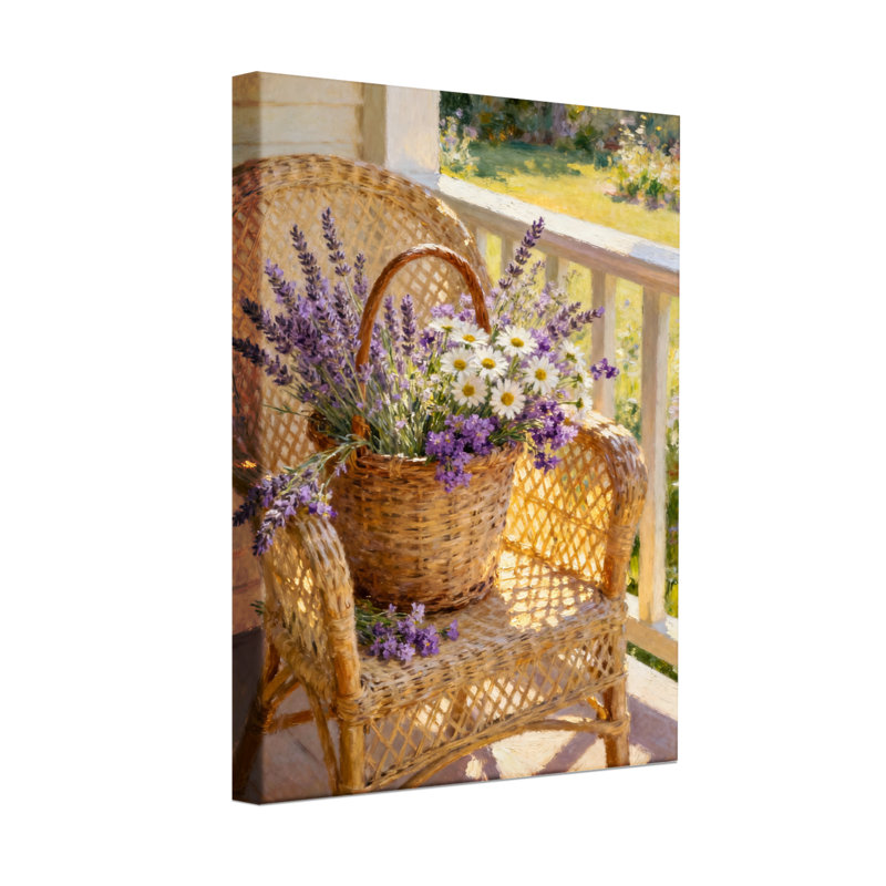 Plantes et fleurs panier de fleurs sur une chaise en osier, scène de jardin ensoleillée, H 24 po x l 16 po