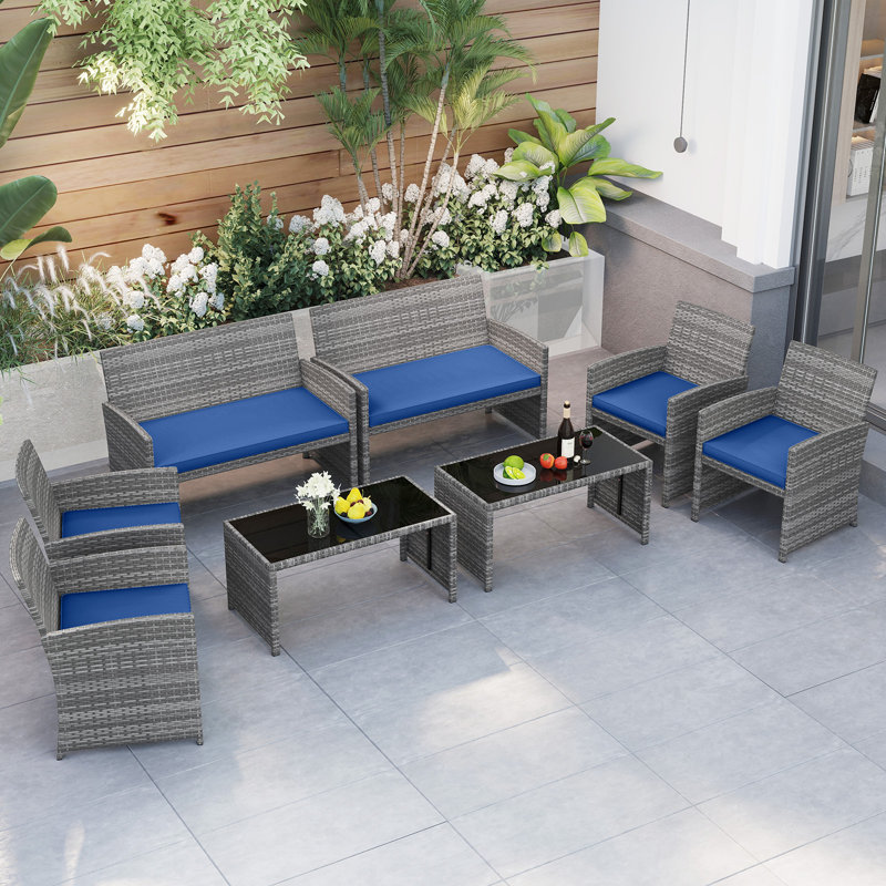 8 Piece Patio Furniture Set Outdoor Wicker Conversation Set w/ Tempered Glass Coffee Table, Navy