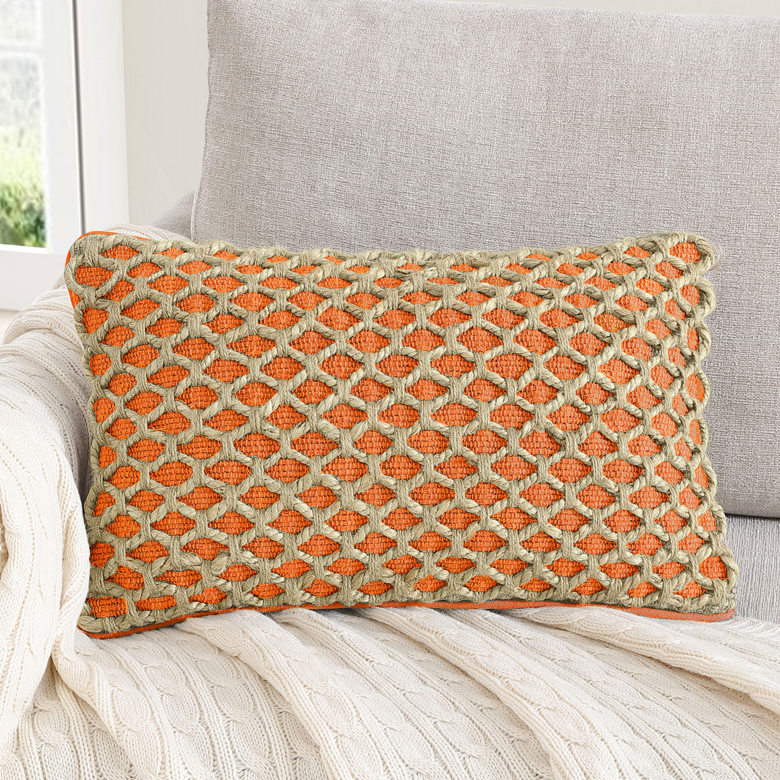 Ablo Textured Cotton Throw Pillow, Rectangular 12"H x 20"W, Orange/Natural
