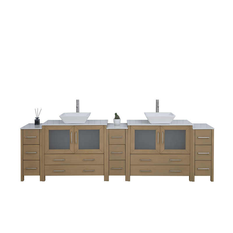  108" Double Bathroom Vanity Set with Mirror, Natural Oak