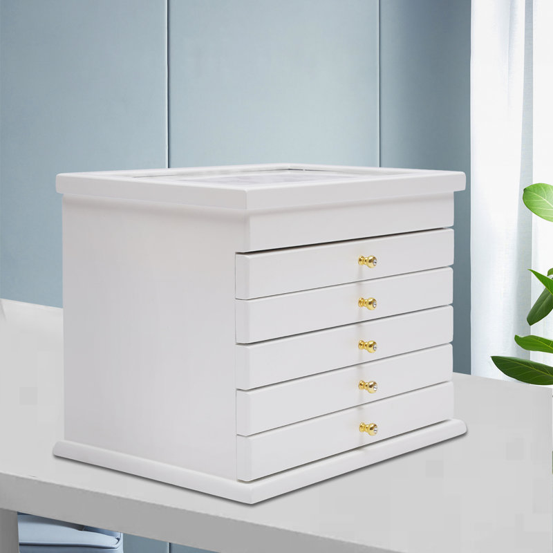 Boîte à bijoux en bois sculpté 6 couches avec 5 tiroirs, Blanc