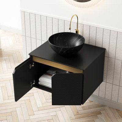 Ensemble de meuble-lavabo et lavabo flottant 24 po, comptoir en pierre frittée noire, vasque en céramique bol, portes doubles en sergé avec garniture en métal, amortisseur à fermeture en douceur, excellent meuble-lavabo résistant aux égratignures, lavabo