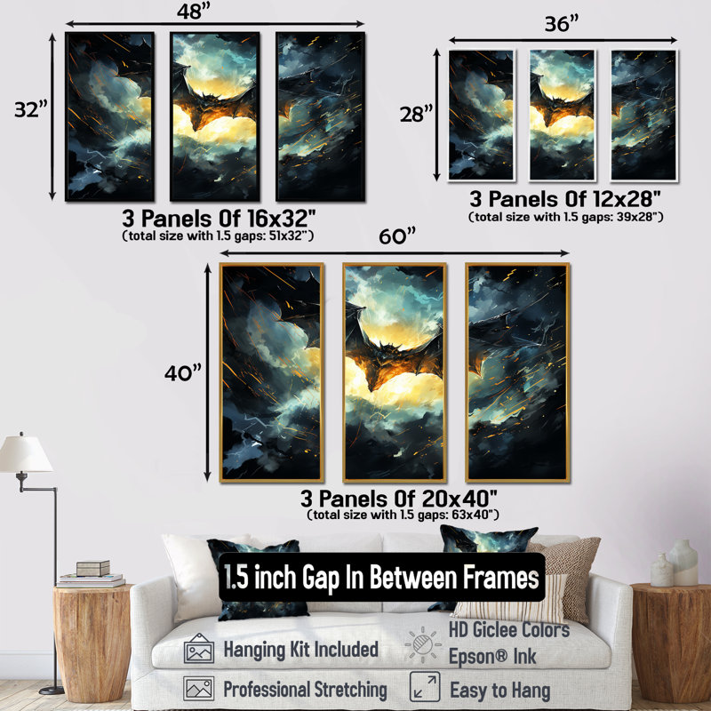 «Blue Watercolor Night Bat Charm I - Animal Bat», art mural, H 40 po x l 60 po, Cadre flottant noir