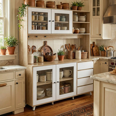 Kitchen Pantry Cabinet with Tempered Glass Doors, Coffee Bar Storage, Adjustable Shelves and Appliance Cabinet for Kitchen Organization
