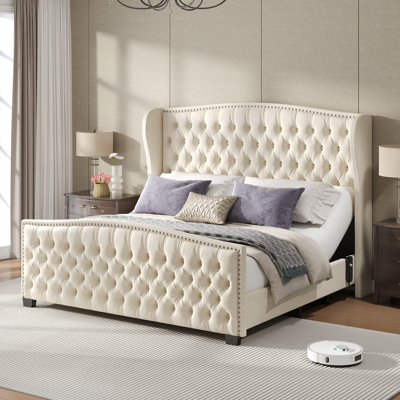 50.8" H Velvet Upholstered Adjustable Bed With Wingback Headboard & Deep Button Tufted