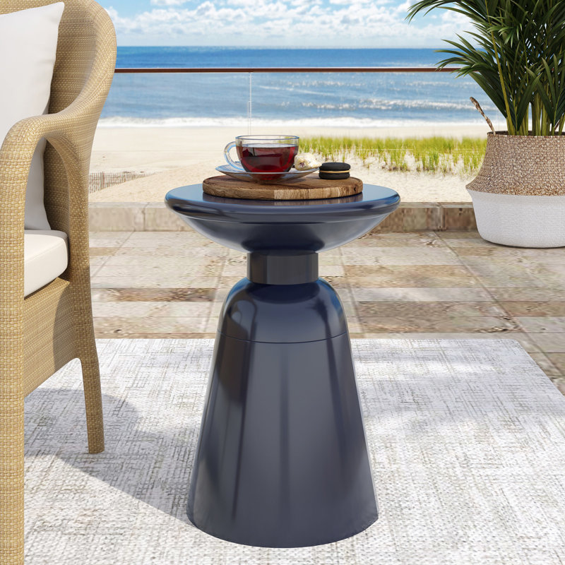 Chic Outdoor Metal Side Table In Navy, 14.78"w X 14.78"d 20.77"h, Iron Frame, No Assembly Required Modern Table, Navy Blue Finish, Stable Pedestal,