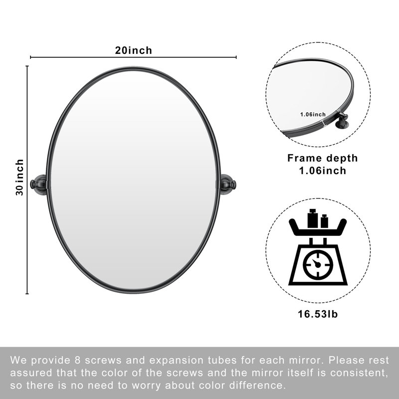 30" X 23" Oval Pivot Bathroom Mirror, Modern Farmhouse Metal Framed Vanity Mirror, Adjustable Tilting Mirror For Wall