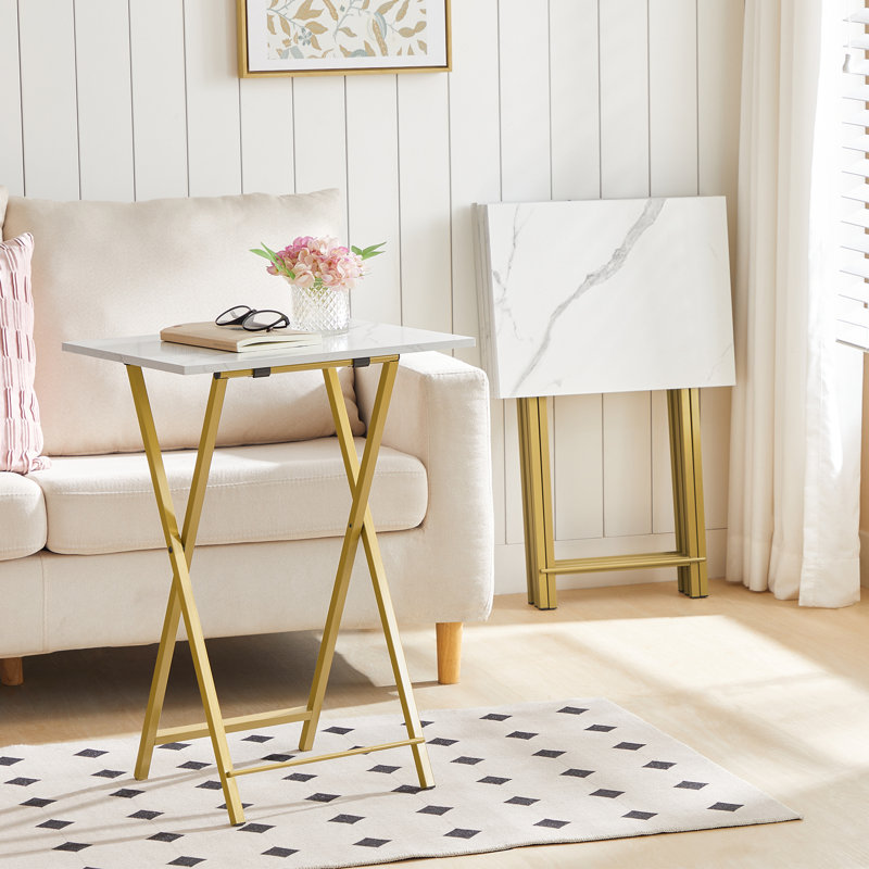 Kearra TV Tray Table Set with Stand, White Marble/Gold