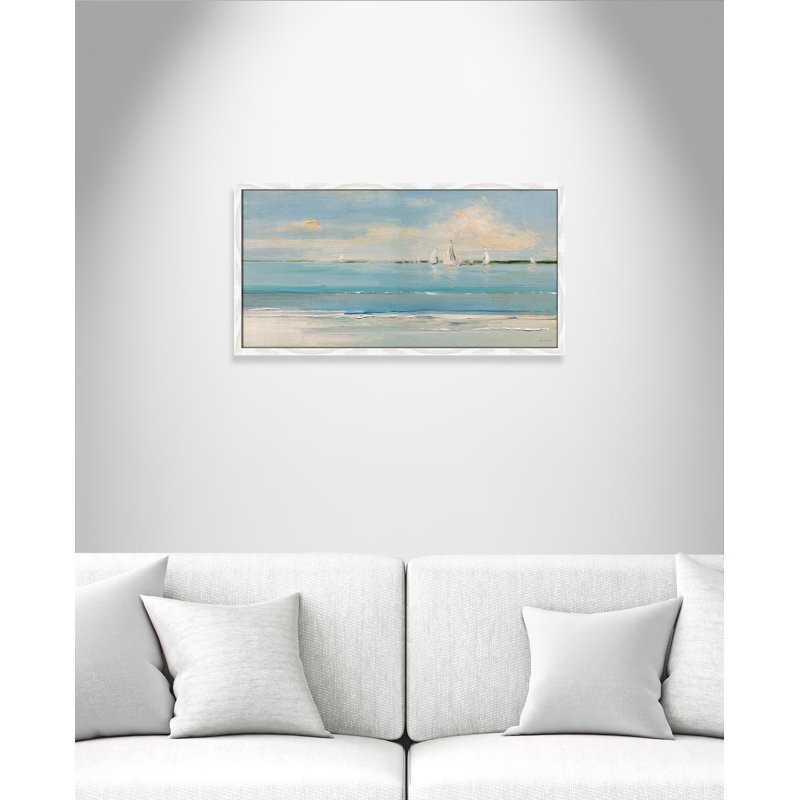 Windy Regatta Print par Sally Swatland, L 31 po x H 16 po, Grain de bois blanc, Impression encadrée