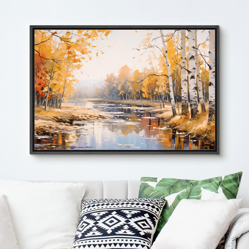 Forêt, rivière, automne, nature, désert, réalisme, décor, paysage, bois, décor, calme, H 24 po x l 36 po, Cadre flottant noir