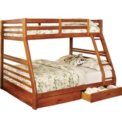 Transitional Twin Over Full Bunk Bed In Oak Finish, Two Under - Drawers And Attached , Solid Wood Main Material, Rails With Structure Style, An Construction, Safe