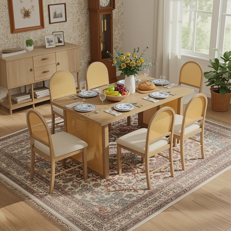 TREXM 7-Piece Farmhouse Dining Table Set For 6 - 59.8" Rectangular Dining Table With Distressed Oak Veneer And 6 Rattan Chairs, Rustic Kitchen Furniture For Dining Room(Natural)