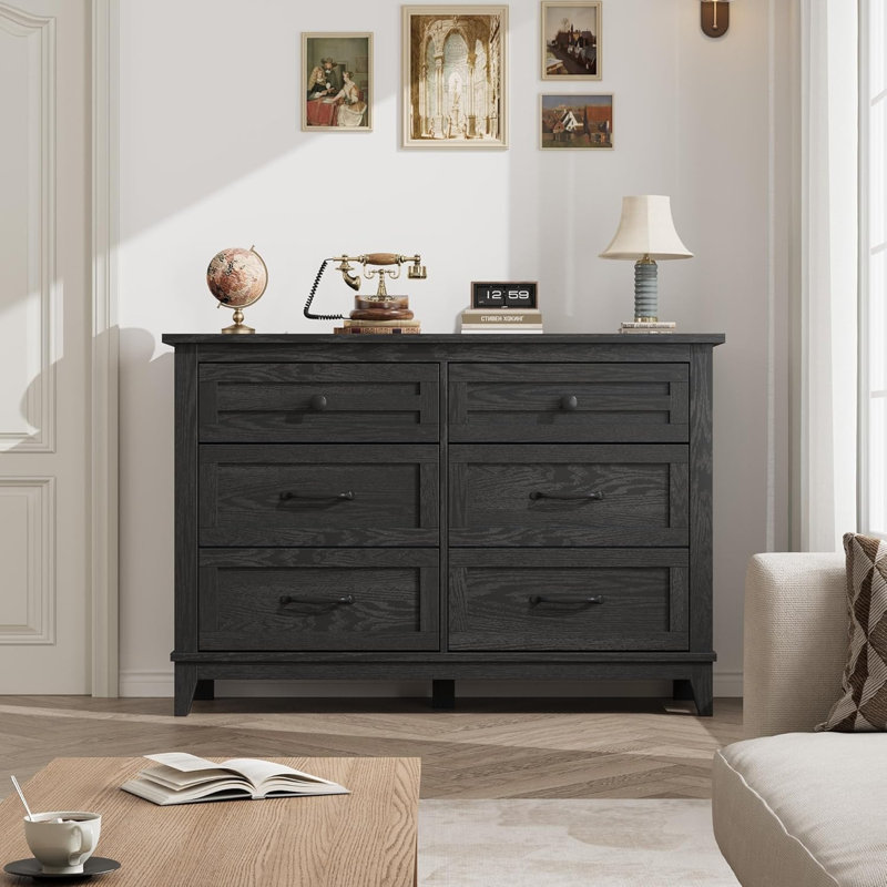 6-Drawer Dresser, 47 inch Wide Wooden Chest of Drawers, Freest and ing Storage Cabinet for Bedroom Closet, Living Room, Black