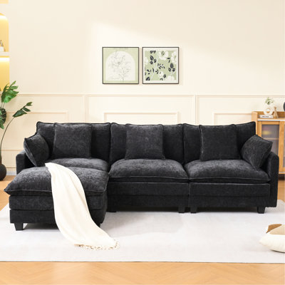 Black L - Shaped 3 Seat With Storage And Footrest, Linen Upholstery, For Office Relaxation Upholstered Couch Bench, Chenille Fabric, To Wear