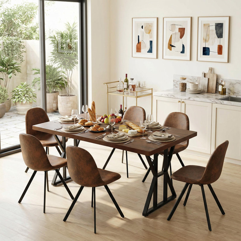 63" Rectangular Dining Table for 4-6, MDF Top Kitchen & Dining Table with Metal Base, Rustic Brown