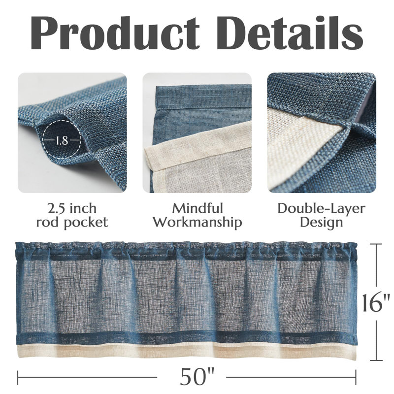 Linen Farmhouse Rod Pocket Double Layer Valance Kitchen Curtain, Navy/Beige