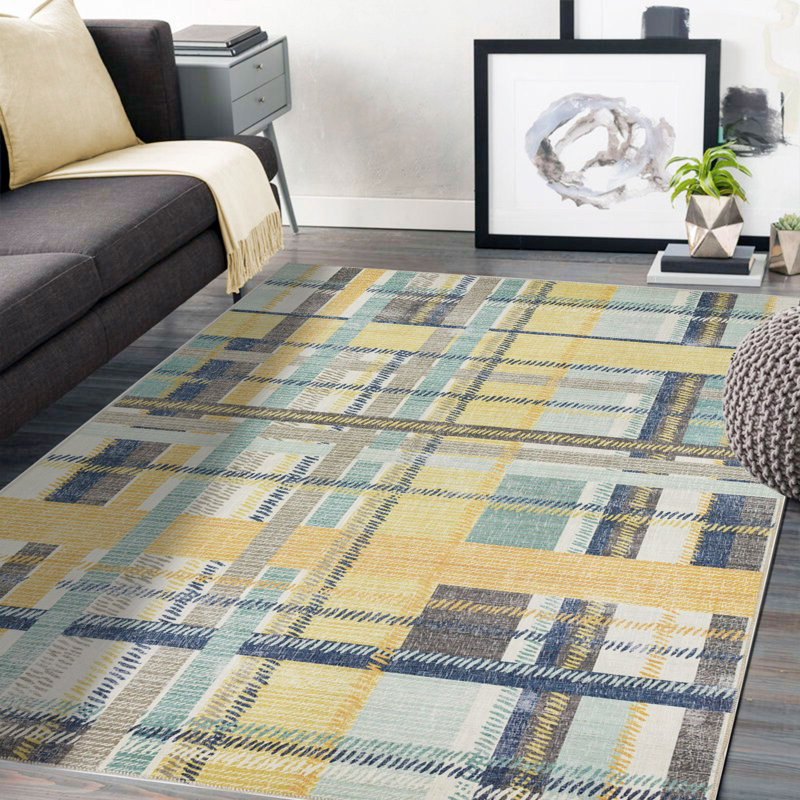 NELE Machine Washable Modern Lattice Area Rug Yellow/Blue Multi, Rectangle 7'6" x 9'6"
