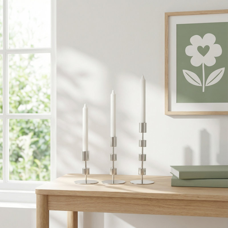 Brenner 3 Piece Aluminum Tabletop Candlestick Set, Polished Silver