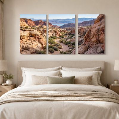 Red Rock Desert Canyon With Winding Sandy Path And Green Shrubs Set Of 3 Canvas Wall Art