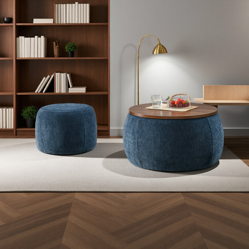 Round Storage Ottoman, 2 In 1 Function, Work As End Table And Ottoman,With Small Seat, Dark Blue