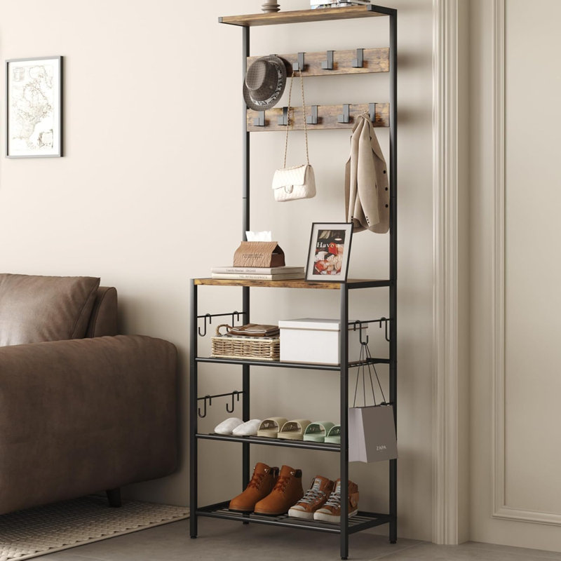 Coat Rack With Shoe Storage, 5-Tier Shoe And Coat Rack With 9 Clothes Hooks, Freestanding Hall Tree Organizer For Entryway, Bedroom
