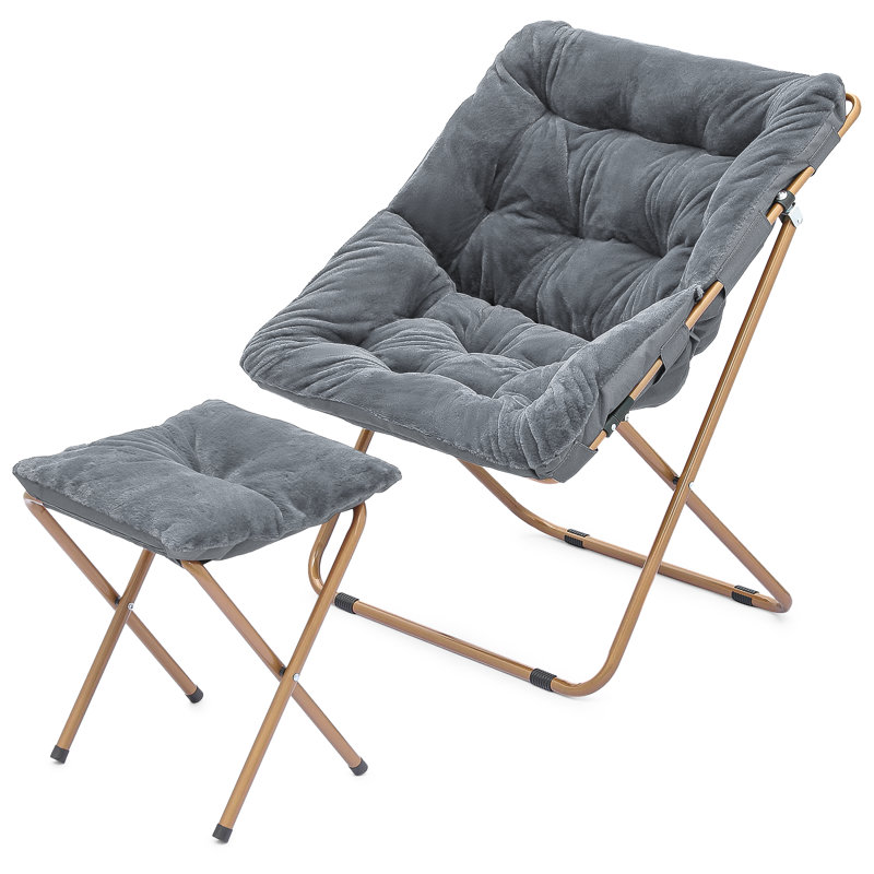 Upholstered Folding Square Saucer, Tufted Cozy Accent Chair with Golden Metal Frame for Living Room, Gray Synthetic Fur, Yes
