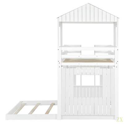 Lit superposé simple en bois sur lit double, lit mezzanine avec maisonnette, maison de campagne, échelle et garde-corps