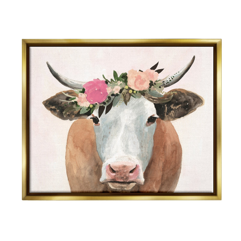 «Spring Spring Flower Farm Cow with Horns», art mural sur toile par Victoria Borges, L 17 po x H 21 po