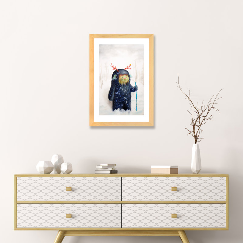 «Yéti» par Scott Mills - impression d'art graphique, Papier avec cadre beige, Blanc, H 24 po x l 16 po x P 1 po