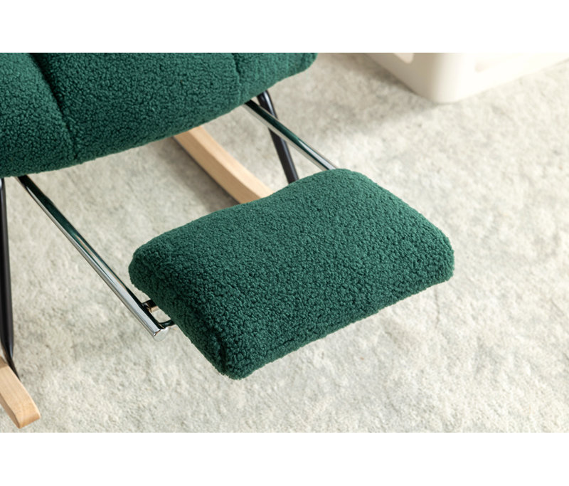 Fauteuil à bascule Teddy en tissu avec repose-pieds réglable, dossier haut et poche de rangement, base en bois massif et métal, vert