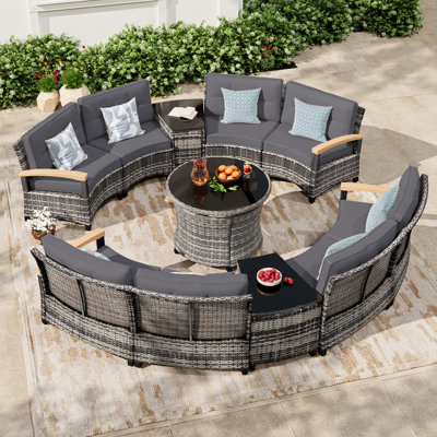 11-Piece Half-Moon Curved Outdoor Patio Furniture Set, Sectional Conversation Sofa With Wood Armrests, Round Coffee Table For Backyard Deck Garden, Grey