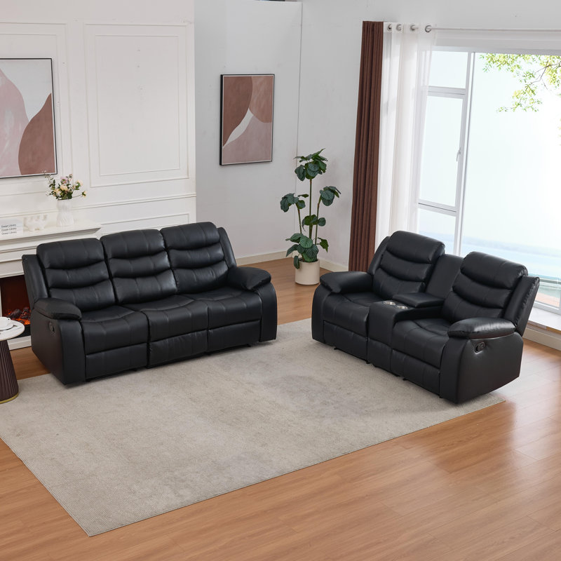 Ensemble de canapé inclinable manuel en similicuir Lacreta Humes, canapé inclinable 3 places et causeuse inclinable 2 places avec console centrale et porte-gobelets, ensemble de mobilier inclinable de cinéma maison pour le salon