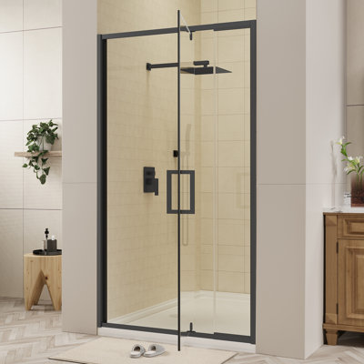 Porte de douche coulissante encadrée en noir mat avec verre transparent