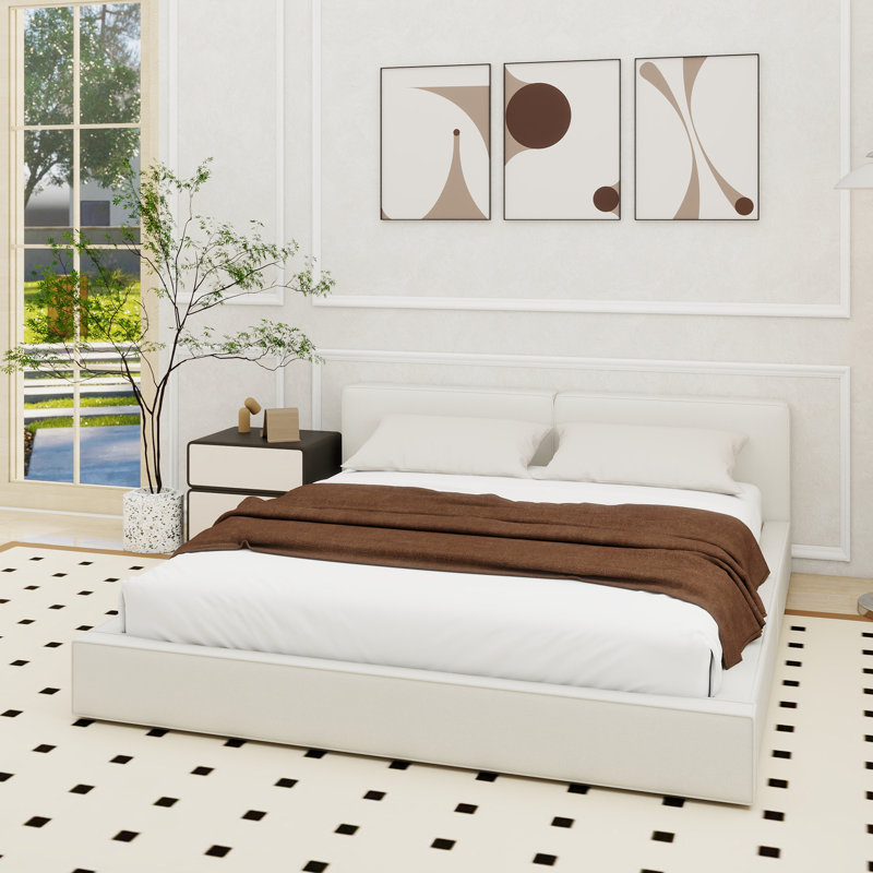Grand lit plateforme tapissier avec tissu en velours, lit au sol avec cadre uni, beige, Beige