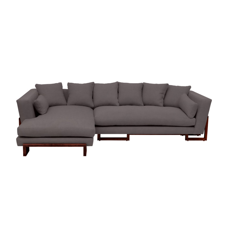 LRG Upholstered L-Shaped Sectional Left Hand Facing, Smoke Linen Blend, Right and Back Side Trays, Solid Walnut