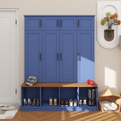 Farmhouse Hall Tree With 4 Hidden Hanging Hooks, Versatile Walnut Seating Bench With 8 Doors, Entryway Shoe Cabinet With Open Compartments For Living Room