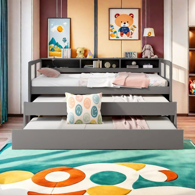 Azden Daybed Twin XL Wood Daybed with 2 Trundles, 3 Storage Cubbies, 1 Light for Free and USB Charging Design