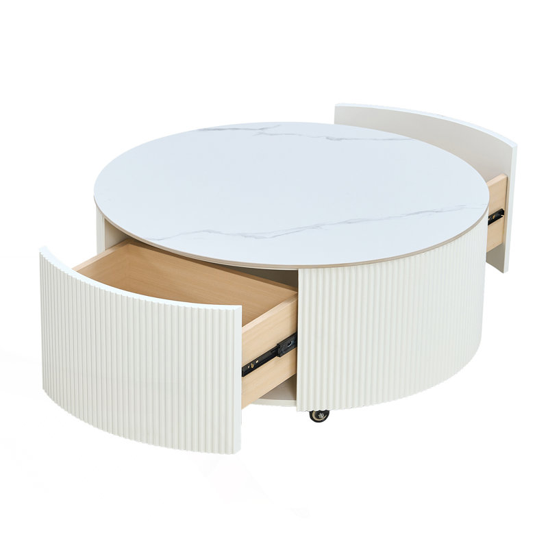 Table basse ronde moderne mobile avec roulettes et 2 tiroirs, Blanc