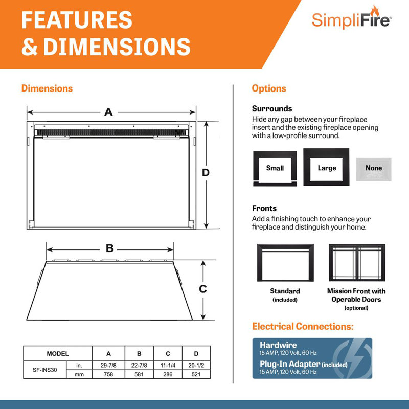 Black Electric Fireplace with 5000 BTU, 20.5" H x 29.8" W x 11.25" D