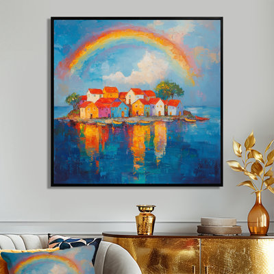Arc-en-ciel côtier au-dessus du village de pêche III - arc-en-ciel, art mural