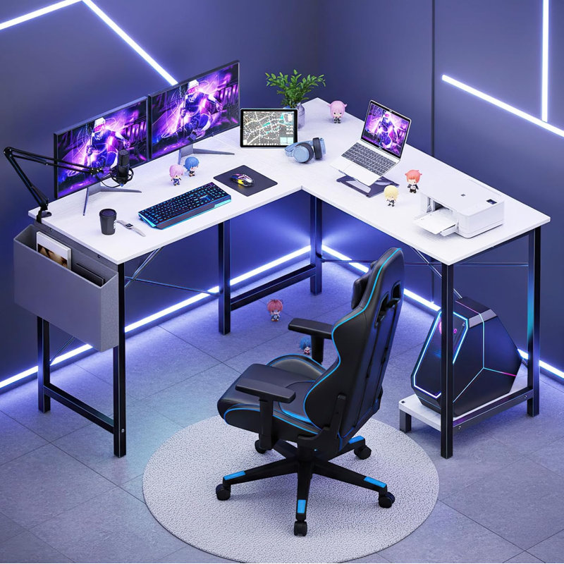 Bureau d'ordinateur en L, table de coin de jeu et d'écriture avec sac de rangement latéral et support pour petits espaces