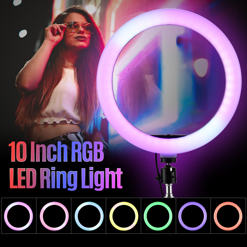 Lumière annulaire 10 "RVB avec trépied 63" et support pour téléphone portable à intensité variable