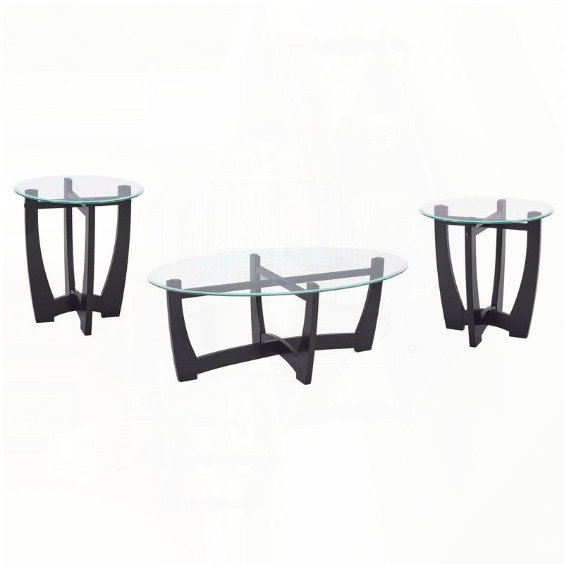 Table basse ronde en verre trempé avec cadre en bois massif - noir, 23,5 po