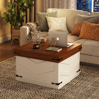 Lift Top Coffee Table, Sliding Top Square Center Table With Large Hidden Storage Organizer, Multi-functional Farmhouse Coffee Tables For Living Room, Bedroom, Home Office