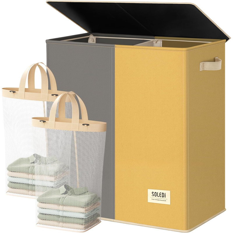 Large Double Laundry Hamper With Lid, Collapsible Clothes Hamper 2 Section With Removable Bags, Space-Saving Laundry Basket For Bedroom, Dorm, College