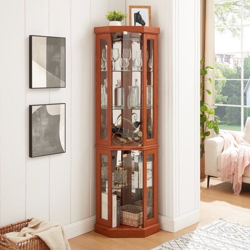 Lighted Corner Glass Display, Dark Oak, Adjustable Shelving, - Toppling, For Antique And Collectible Showcase In Home Living Room Decor
