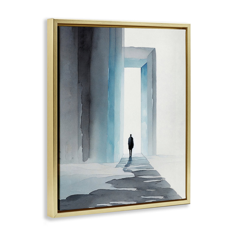 Art mural sur toile "Personne avec porte enneigée" par Incado, H 31 po x l 25 po, Cadre flottant métallique doré