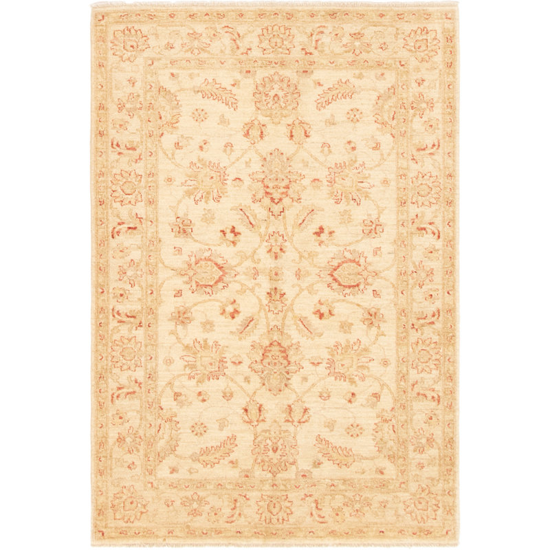 Tapis unique en laine noué à la main style Gabbeh des années 2010 de 4 pi 3 po x 6 pi 1 po beige Kali